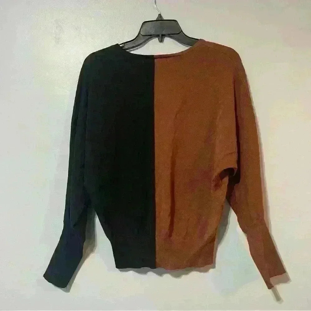 Madison + Hudson Thin V-Neck Colorblock Brown Black Dolman Sleeve Sweater Large - Picture 3 of 9
